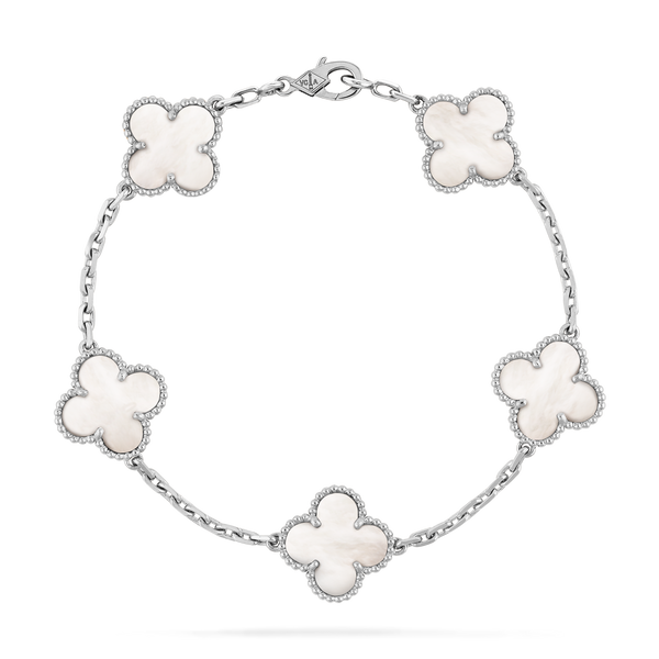 Magic Alhambra bracelet, 5 motifs 18K white gold, Mother-of-pearl