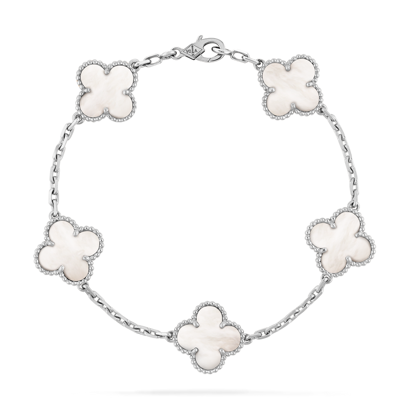 Magic Alhambra bracelet, 5 motifs 18K white gold, Mother-of-pearl