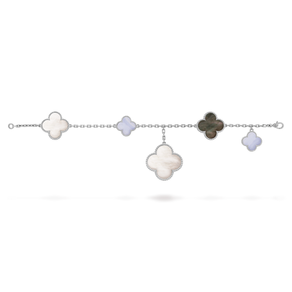 Magic Alhambra bracelet, 5 motifs 18K white gold, Chalcedony, Mother-of-pearl