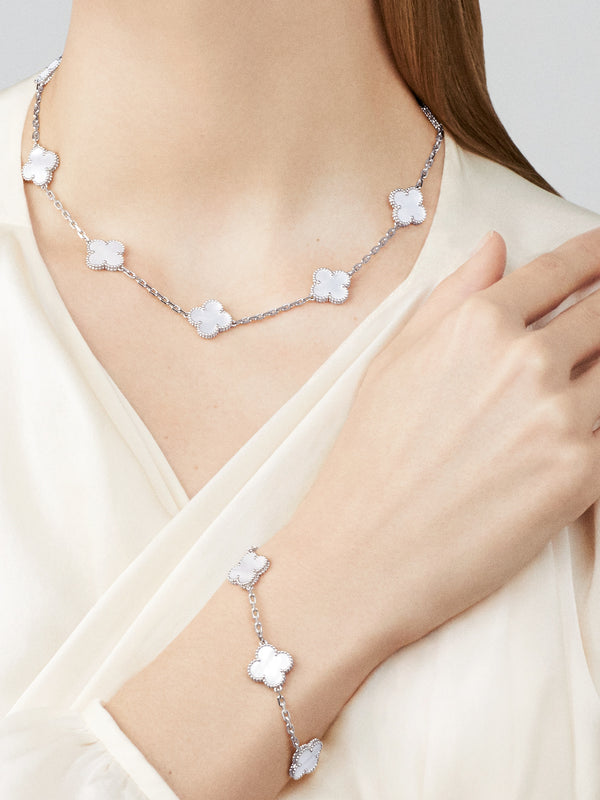Magic Alhambra bracelet, 5 motifs 18K white gold, Mother-of-pearl
