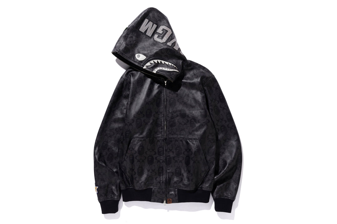 BAPE x Coach Leather Shark Hoodie Jacket Black 