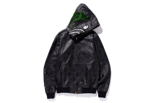 BAPE x Coach Leather Shark Hoodie Jacket Black 