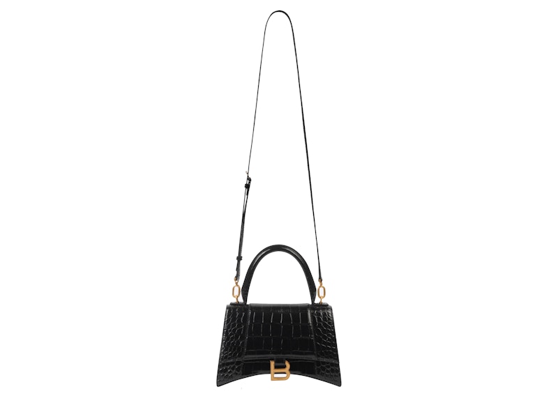 Balenciaga Hourglass Small Top Handle Bag Crocodile Embossed Black