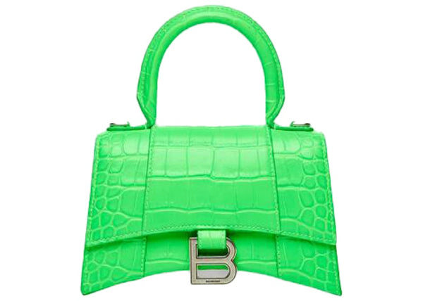 Balenciaga Hourglass Top Handle Bag Extra Small Crocodile Embossed Fluo Green