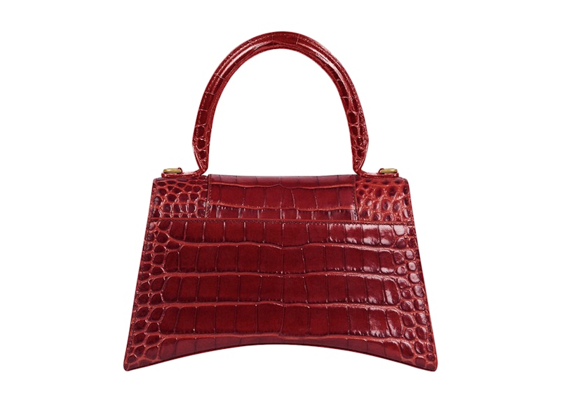 Balenciaga Hourglass Top Handle Bag Small Crocodile Embossed Dark Red