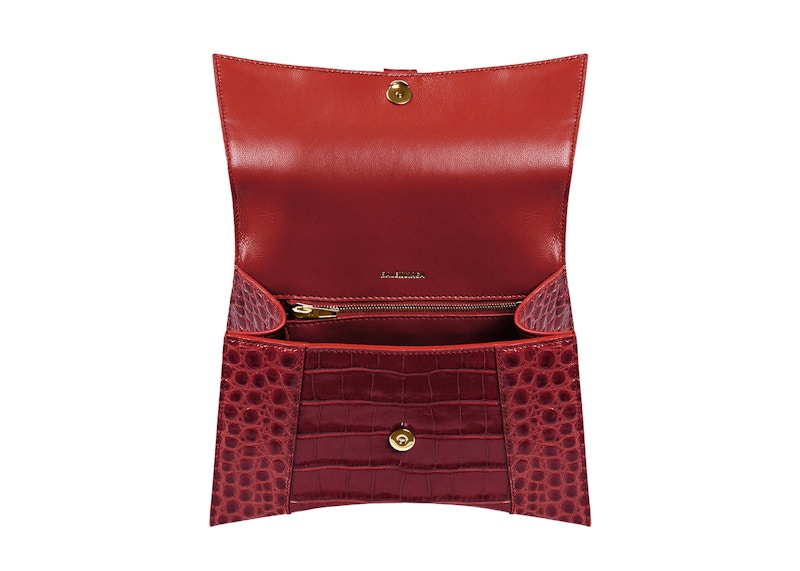 Balenciaga Hourglass Top Handle Bag Small Crocodile Embossed Dark Red