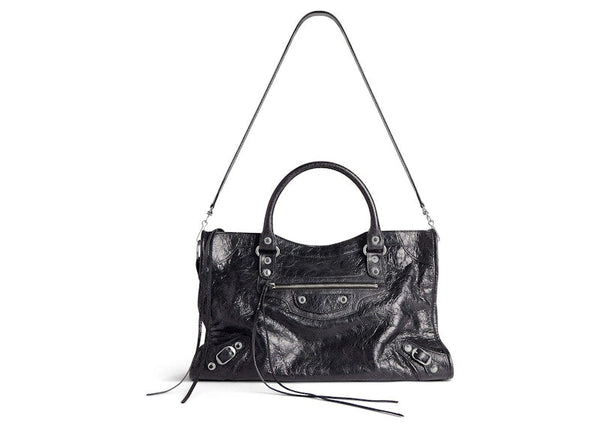 Balenciaga Le City Medium Bag In Black Arena Lambskin Shiny Silver Hardware Black
