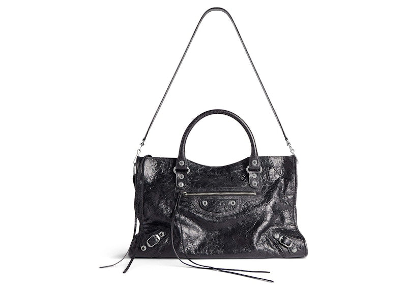 Balenciaga Le City Medium Bag In Black Arena Lambskin Shiny Silver Hardware Black
