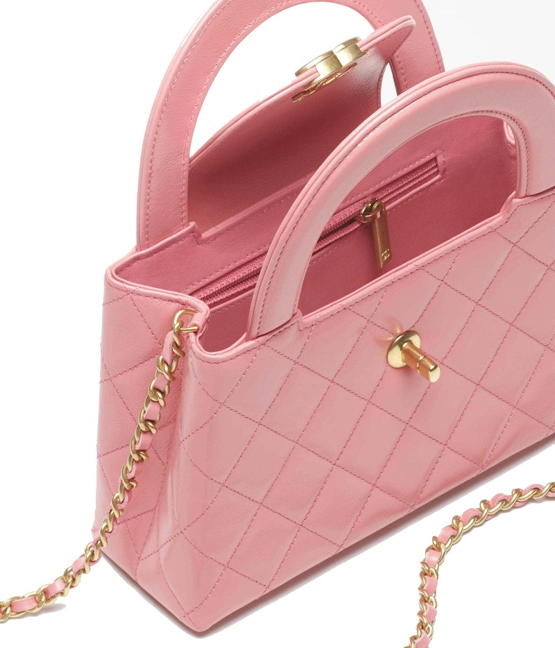 Chanel Kelly Mini Shopping Bag Mini 23K Shiny Aged Calfskin Coral Pink