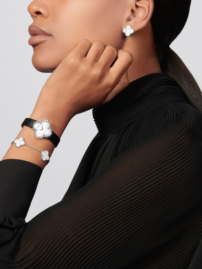 Magic Alhambra bracelet, 5 motifs 18K white gold, Mother-of-pearl