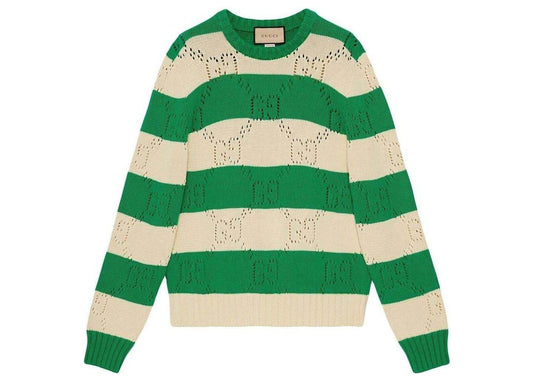 Gucci GG Lace Striped Knit Sweater Green 