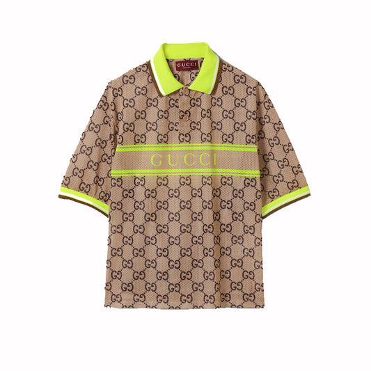 Gucci Polyester Mesh GG Print Polo Beige And Ebony