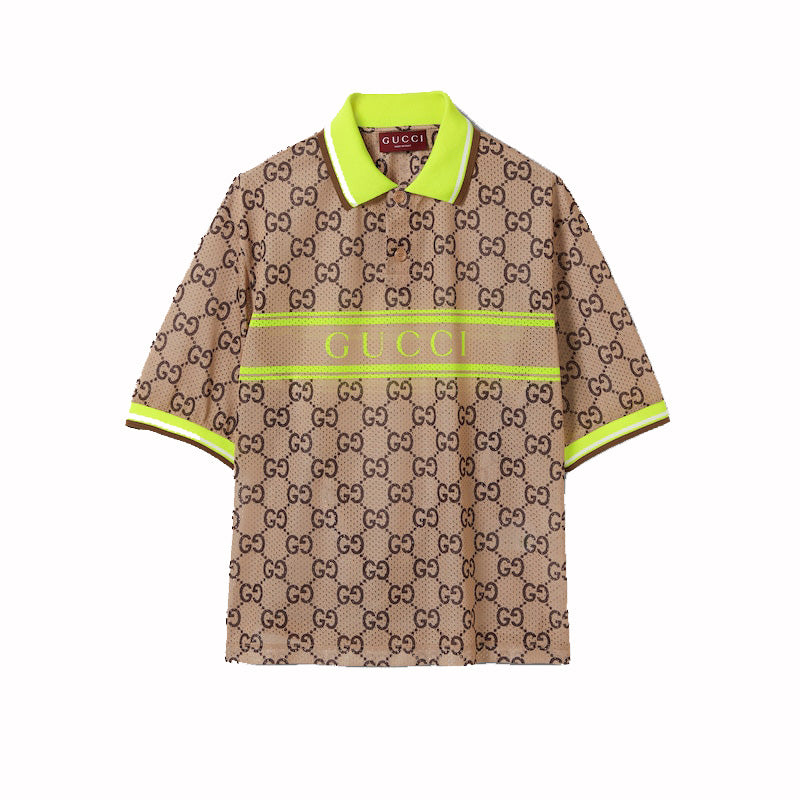 Polo Gucci en maille polyester à imprimé GG beige et ébène 