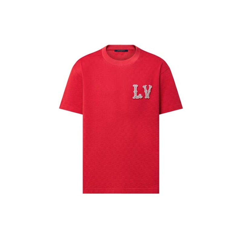 Louis Vuitton Cotton Pique T-Shirt with Embroidered LV Patch Bright Red