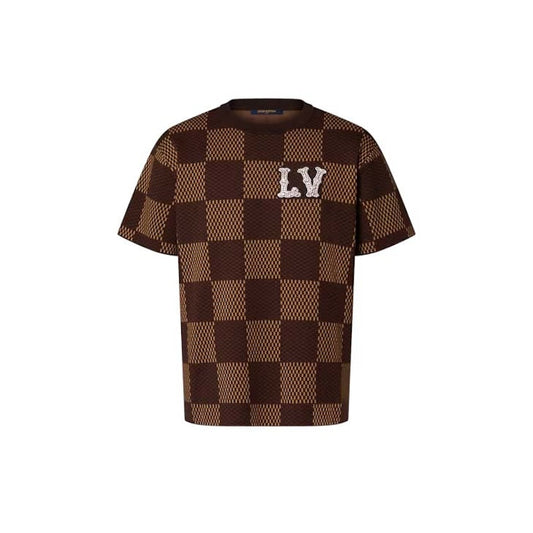 Louis Vuitton Short-Sleeved Cotton Damier Crewneck with Crystal LV Patch Sienna