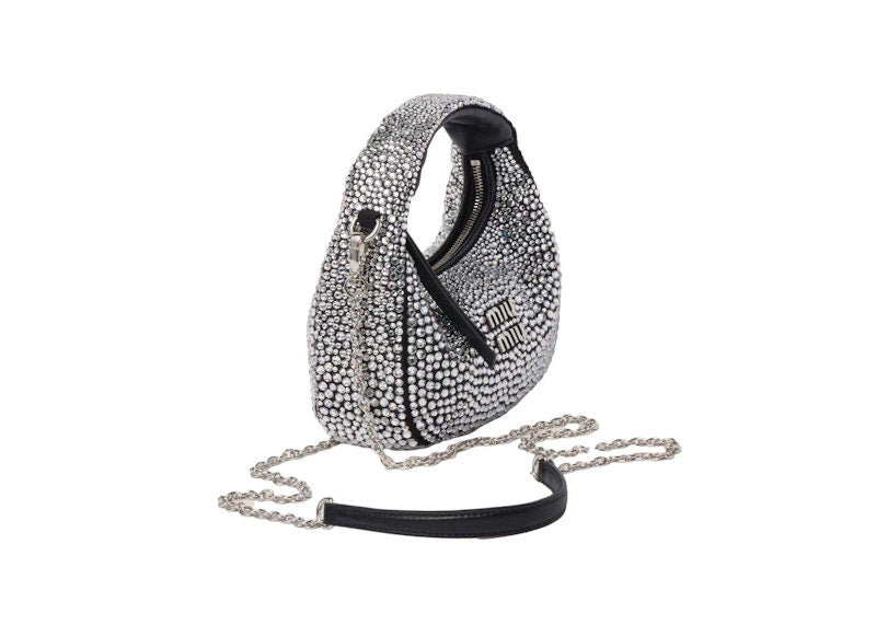 Miu Miu Wander Satin and Silk Mini Hobo Bag with Synthetic Crystals Black