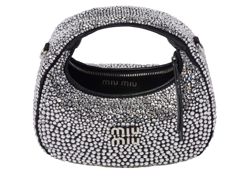 Miu Miu Wander Satin and Silk Mini Hobo Bag with Synthetic Crystals Black