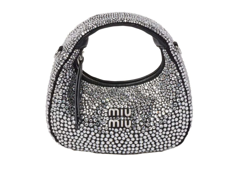Miu Miu Wander Satin and Silk Mini Hobo Bag with Synthetic Crystals Black