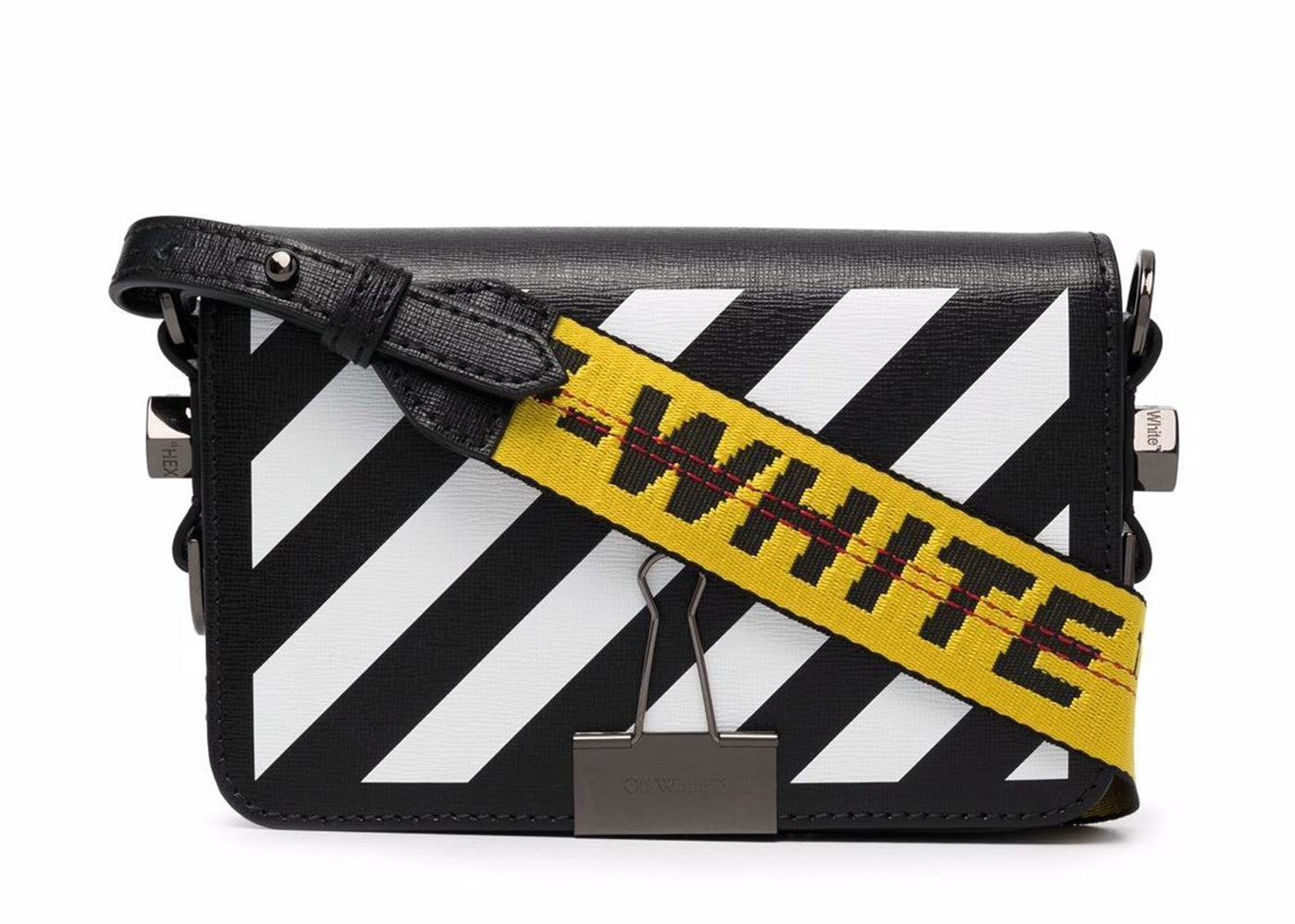 OFF-WHITE Binder Clip Bag SS22 Mini Diag Stripe Noir Blanc Jaune 