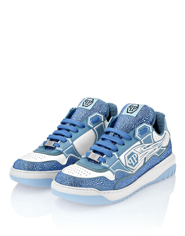 Philipp Plein Leather Low-Top Sneakers Moon Walker white / light blue