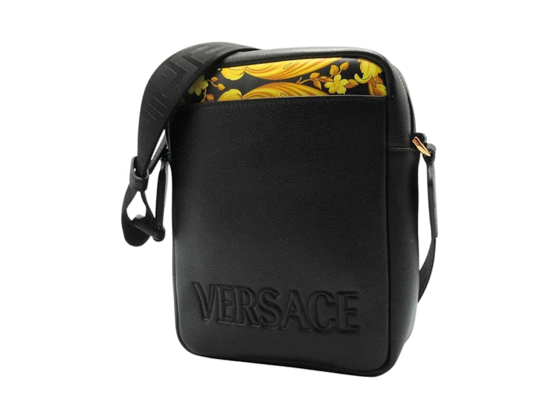 Versace Baroque Leather Print Crossbody Bag Black/Yellow