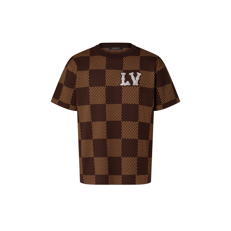 Louis Vuitton Short-Sleeved Cotton Damier Crewneck with Crystal LV Patch Sienna