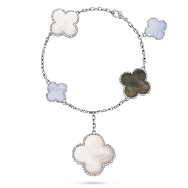 Magic Alhambra bracelet, 5 motifs 18K white gold, Chalcedony, Mother-of-pearl